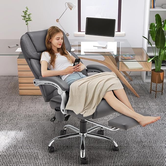 HOMREST 6-Point Massage Office Chair with Heat, Executive Office Chair with Footrest, Leather Computer Desk Chair with 135ยฐReclining Backrest for Home Office, Grey