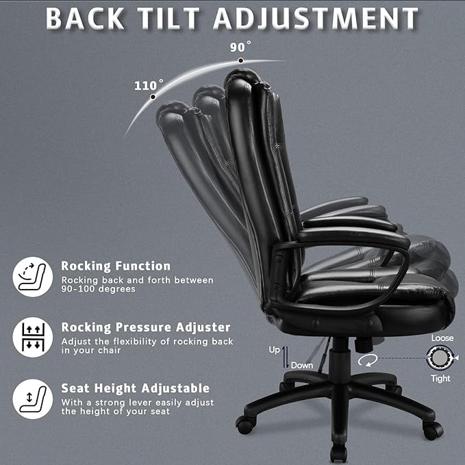 LEMBERI Office Desk Chair, Managerial Executive Chair, High Back Computer Chair, Ergonomic Height Adjustable PU Leather Chairs with Padded Armrest for Long Time Sitting (Black)