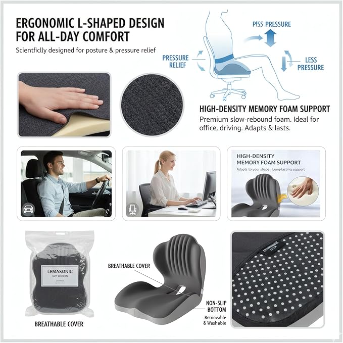 Ergonomic L-Shaped Memory Foam Seat Cushion for Car and Office Chair, Coccyx Support Cushion for Back and Hip Pain Relief, Universal Cushion for Car Seat, Wheelchair, Gaming Chair, Gray