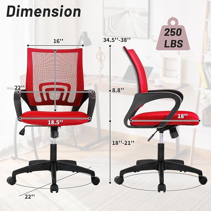 Office Chair,Work Chairs for Home Office,Ergonomic Desk Chair with Lumbar Support,Mesh Office Chair with Arm and Wide Comfortable Seat,Adjustable Rolling Office Chair,Red