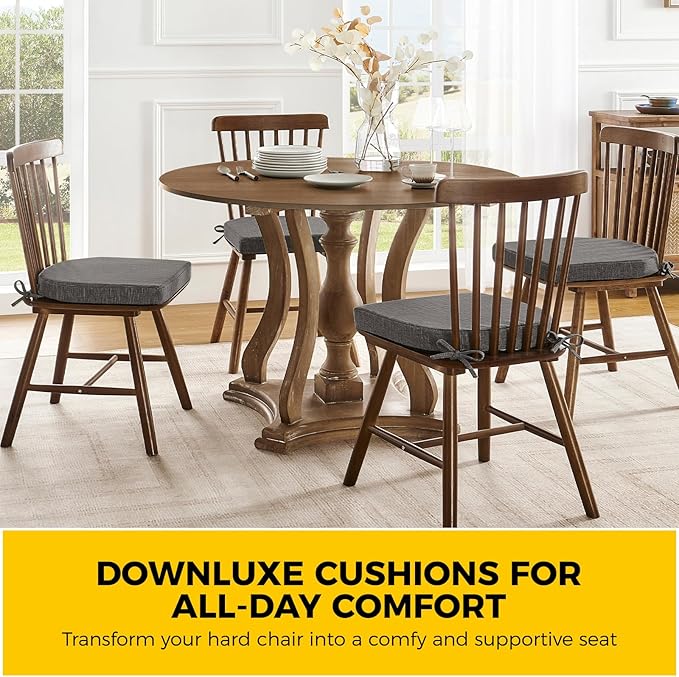 downluxe Indoor Chair Cushions for Dining Chairs, Soft and Comfortable Textured Foam Kitchen Chair Pads with Ties and Non-Slip Backing, 16" x 16" x 2", Dark Grey, 4 Pack