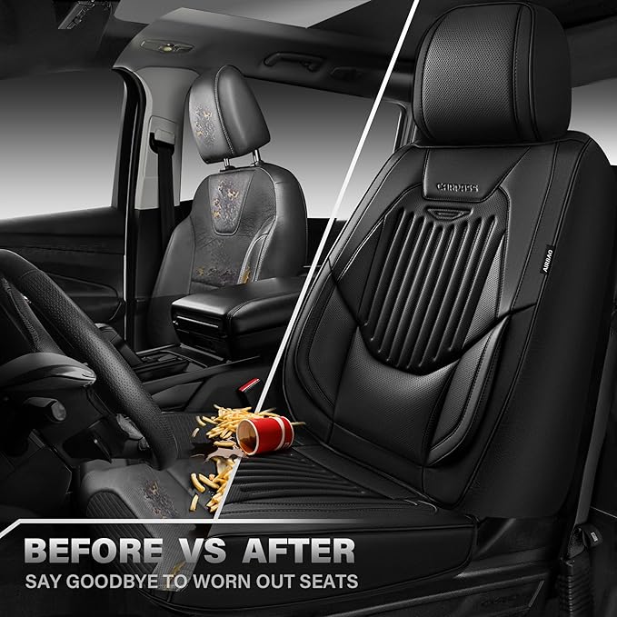 CAR PASS Luxury Nappa Leather Car Seat Covers Two Front, Lumbar Support Seat Covers for Car 2 Seats, Waterproof Car Seat Protector, Automotive Seat Cover Universal Fit for Most Sedans SUV Trucks Black