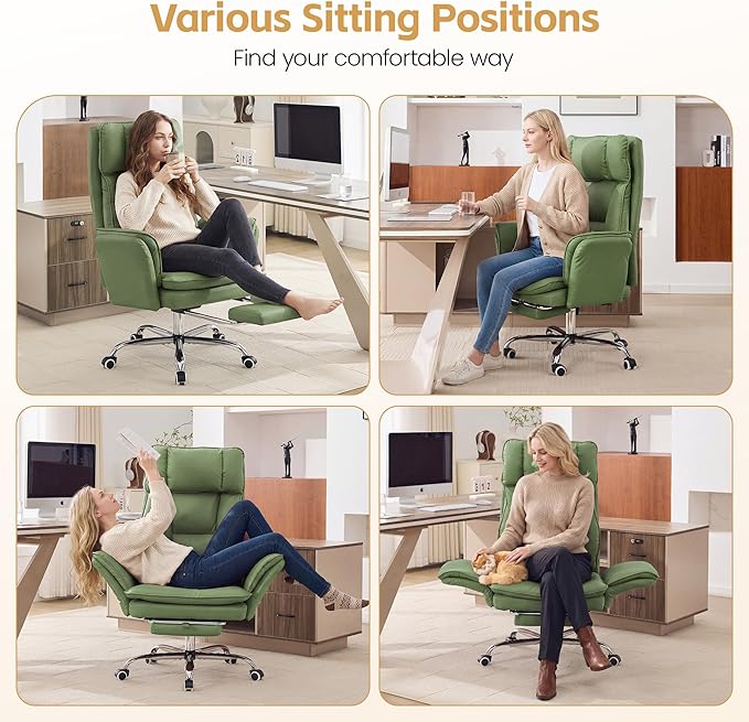 Big and Tall Office Chair, Cloud Reclining Office Chair with Footrest & Flip Armrest for Pets, Executive Ergonomic Criss Cross Desk Chair, Swivel Computer Gaming Chair with Lumber Pillow, PU Green