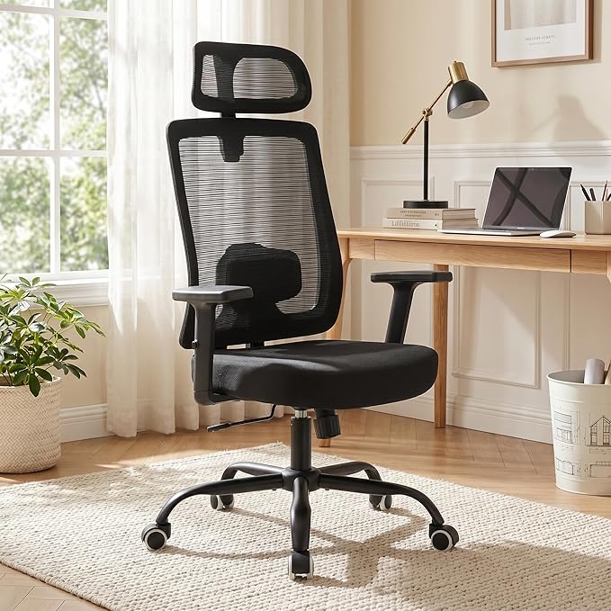 Ergonomic Mesh Office Chair with Headrest, Comfortable Desk Chair for Long Sitting, Breathable Computer Chair with Flip-Up Arms, Adjustable Swivel Chair for Home Office Work Study, Black