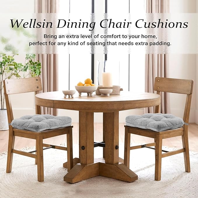 Wellsin Chair Cushions for Dining Chairs, Non-Slip Kitchen Chair Pads with Ties, Tufted Shredded Foam Kitchen Chair Cushions Set of 4, 15.5" X 15.5", Light Gray