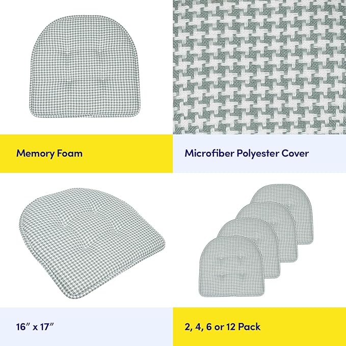 Sweet Home Collection Chair Cushion Memory Foam Pads Tufted Slip Non Skid Rubber Back U-Shaped 17" x 16" Seat Cover, 12 Count (Pack of 1), Houndsooth Pistachio