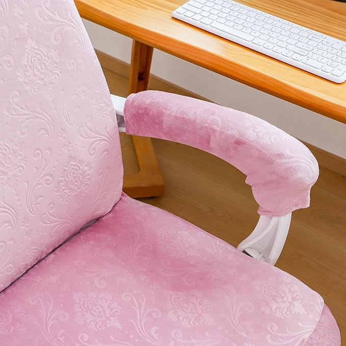FORCHEER Office Chair Cover with Armrest Cover Pink Velvet Stretch Computer Chair Covers with Arm Reat Slipcovers Large Washable