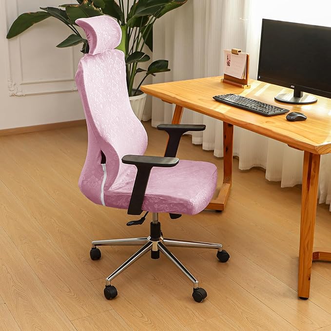 Pink Ergonomic Office Chair Cover with Headrest Cover Velvet Embossing Stretch Office Chair Cover with Headrest Set Washable-Velvet Embossing Pink