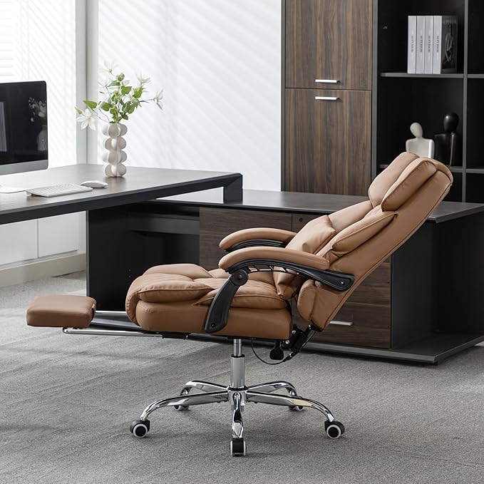 Kneading Massage Office Chair with Heated,90-135° Reclining Executive Office Chair with Footrest,Computer Desk Chair with Wheels,Diamond-Stitched Cushion Leather Office Chair,Brown