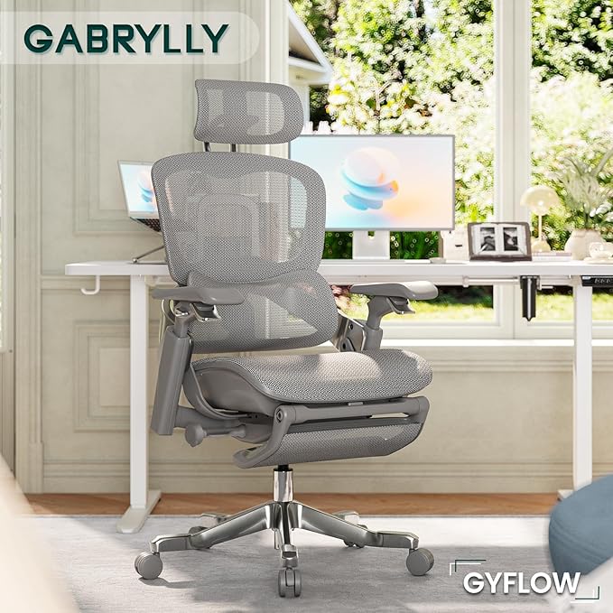 GABRYLLY Ergonomic Office Chair, Home Mesh Desk Chair with Sync Lumbar Support & Sliding Seat, 4D Arm, 150° Recline, Adjustable Back,Big & Tall Computer Chair-Footrest,Aluminum Base, Gray,FLOW550