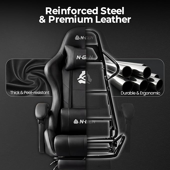 N-GEN GAMING Video Gaming Chair with Footrest Lumbar Support for Home Office High Back Recliner Height Adjustable Ergonomic Comfy Leather Computer Desk Chair (Carbon Black)