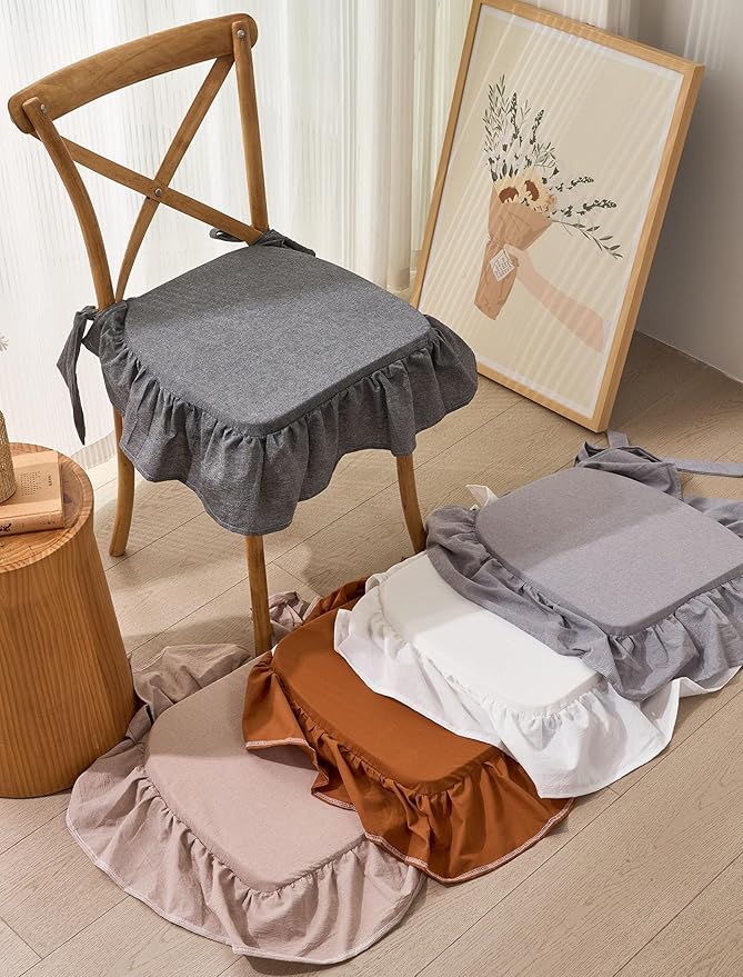vctops Cotton Ruffled Chair Cushion for Kitchen Dining Room Chairs Farmhouse Neutral Thin Seat Cushion Soft Foam Non Slip Chair Pad with Removable Cover (Light Grey,16"x16")