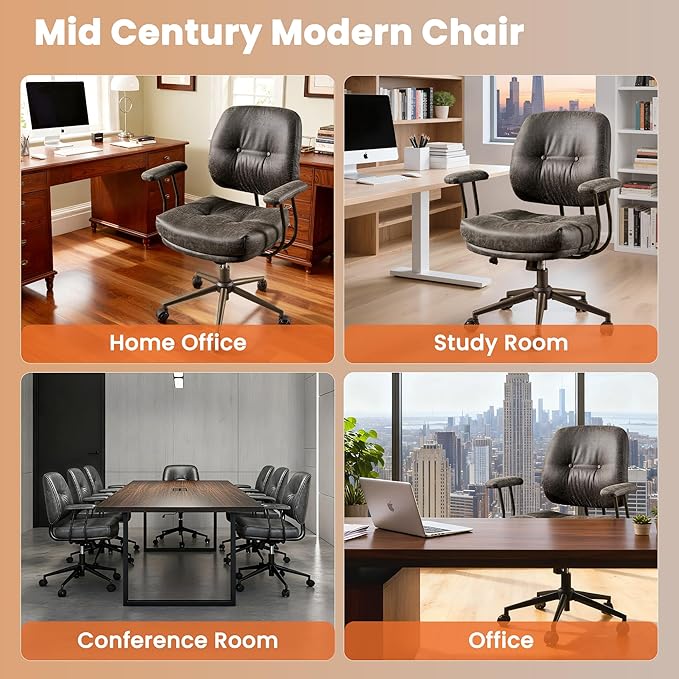 Leather Home Office Chair, Mid Back Ergonomic Desk Chair with Lumbar Support, Mid Century Modern Deep Seat Swivel Rocking Computer Chair, Dark Gray