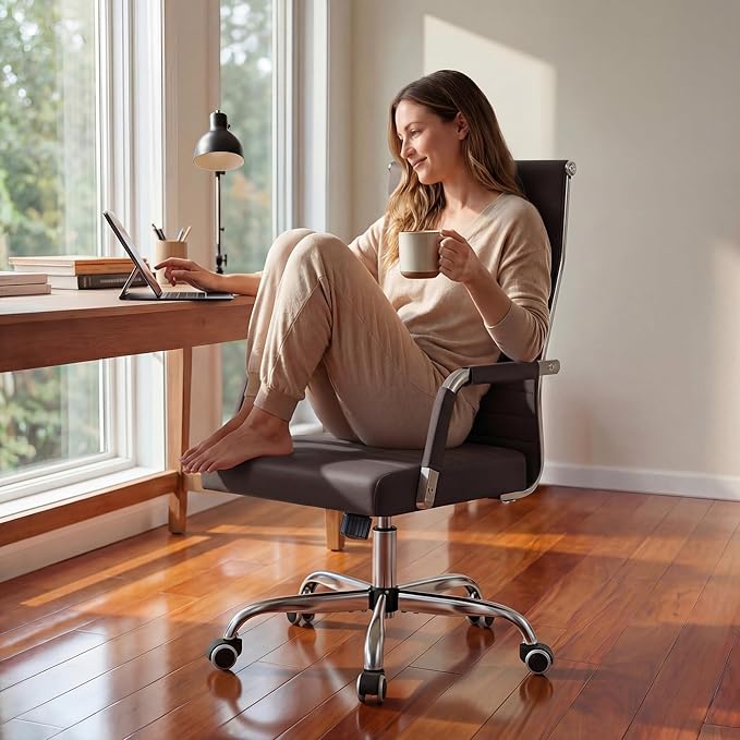 Furmax Ergonomic Office Desk Chair, Executive Ribbed Mid-Back PU Leather Conference Room Chair Adjustable Swivel Chair with Arms (4, Brown)