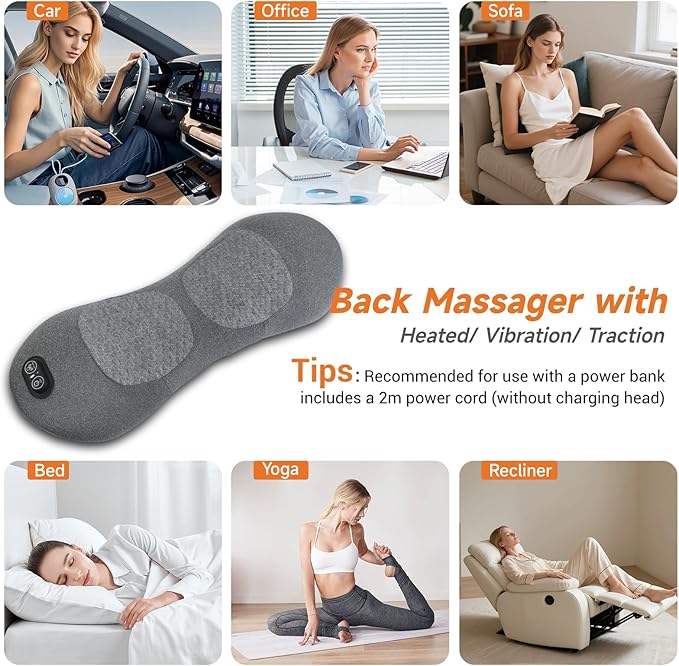 3-in-1 Electric Lumbar Support Pillow with Adjustable Height for Bed and Chair, Triple Fusion Cordless Back Massager with Heated, Vibration, Traction, Lower Back Pain Relief for Home & Office, Car