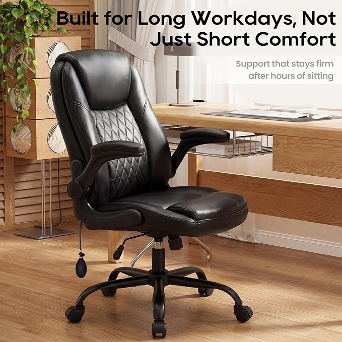 MALOL Leather Office Chair, Home Desk Chair with Adjustable Lumbar Support, Thick Cushion, Flip-Up Arms and Ergonomic Back, Comfy Executive Office Chair for Home Office, Black
