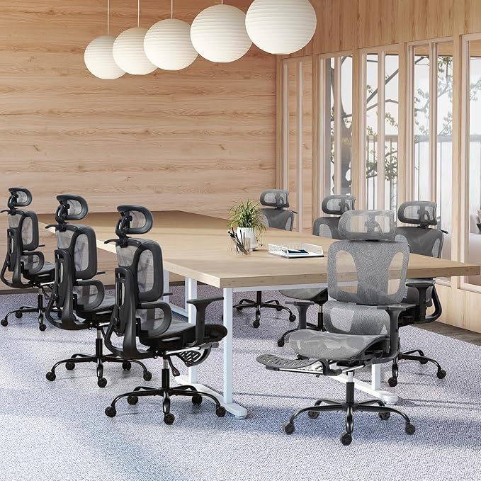 ECOTOUGE Mesh Ergonomic Office Chair with Footrest, High Back Mesh Gaming Chair with Lumbar Support, Adjustable Headrest and Armrests for Home Office Desk Chair, Grey