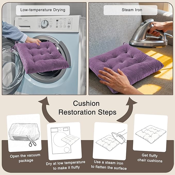 OVOV 2 Pack Chair Cushions for Dining Chairs Soft Seat Cushions for Kitchen Desk Chairs Square Chair Pads with Ties (15.5"x15.5" Purple)