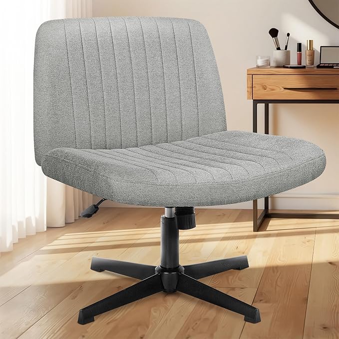 NEO CHAIR Criss Cross Chair No Wheels Armless Cross Legged Office Desk Wide Comfy Vanity Makeup Chair Adjustable Computer Task for Home Office Fabric (Grey)