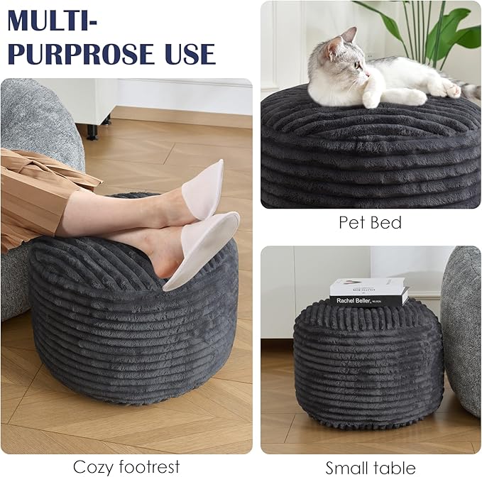 SHOUREN Stuffed Round Ottoman,Corduroy Pouf Ottoman Foot Rest with Foam Filling,Pouf Storage Ottoman Footstool for Living Room,20 X 15 Floor Poufs for Couch - 20 X 15 Inches,Dark Grey