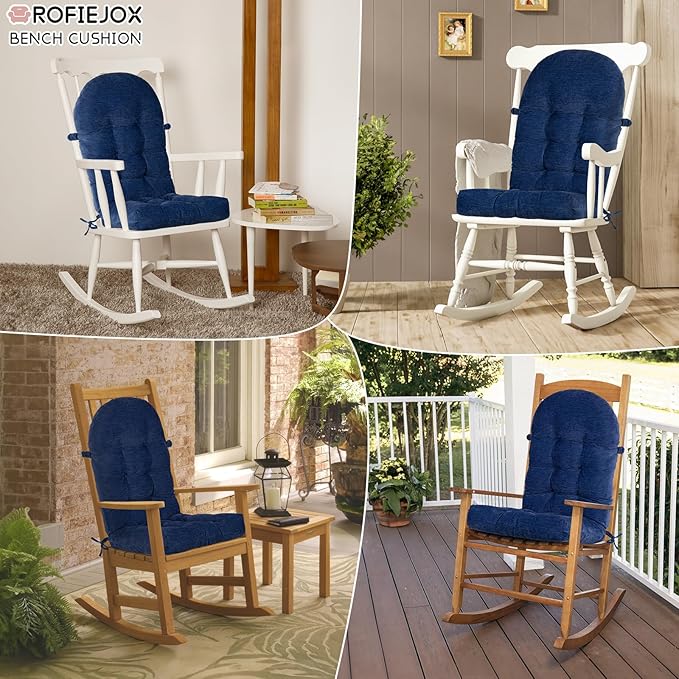 Rocking Chair Cushion - Chenille Fabric, High-Density Sponge, Durable Comfort Double-Sided Tufted Seat Pads with Ties, Chenille︱Deep Blue, 44x19x4 inch