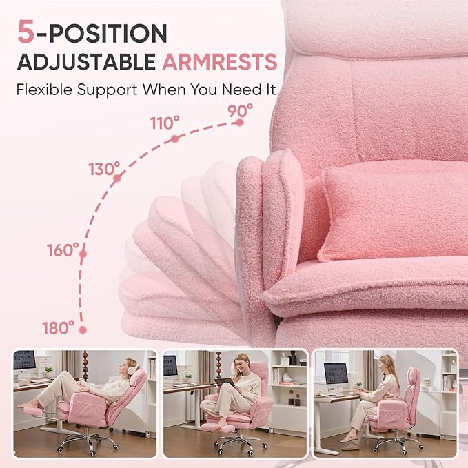 Big and Tall Office Chair with Flip Armrests, Cross Legged Office Chair with Storage Pockets, Comfortable Reclining Computer Chair with Foot Rest, Wide Home Desk Chair, Teddy Fleece, Pink