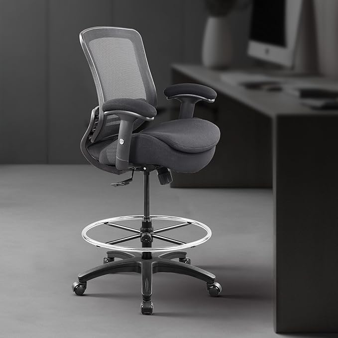 BOLISS 400lbs Ergonomic Office Drafting Chair Mid Mesh Back for Height Adjustable Desk 21inch Foot Ring Height Adjustable Armrest (Black) 