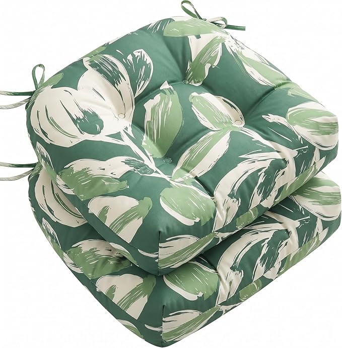 1 MIDDLE ONE Outdoor Chair Cushions Set of 2, Outdoor Cushions for Patio Furniture and Wicker Chair, Memory Foam Patio Seat Cushion Pads with Ties, 19 x 19 Inch (Green Tulip)