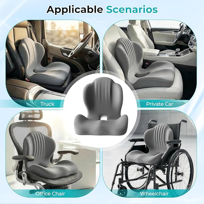 Memory Foam Seat Cushion with Lumbar Support Pillow for Truck Driver, Ergonomic L-Shaped Car Seat Cushion for Tailbone Pressure Relief, Non-Slip Chair Pad for Long Driving, Gray