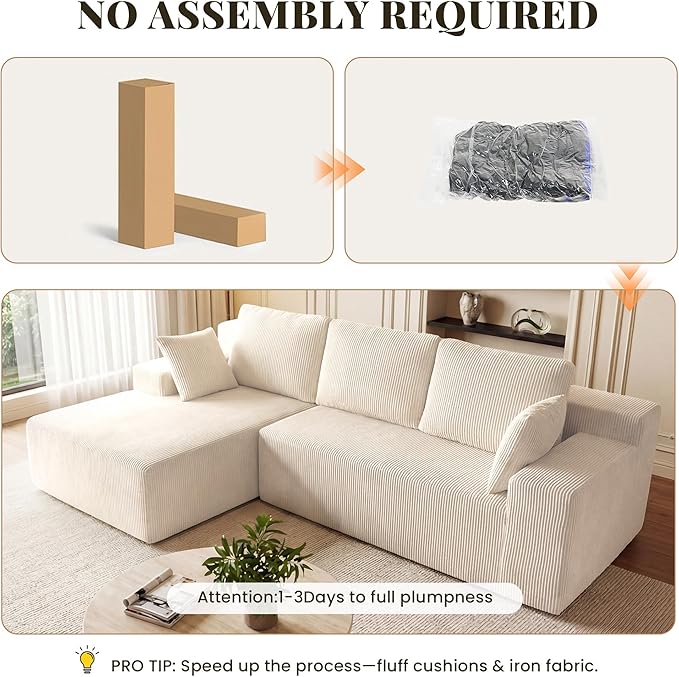 GRUSIGN Cloud Sectional Boneless Couches for Living Room, Modular L Shaped Couch with Deep Seat Oversized Left Facing Chaise, Memory Foam Compressed Spineless 3 Seater Sofa for Apartment, Beige | No Assembly Required, Deep Seat, Cat-Claw Resistant, Fle...