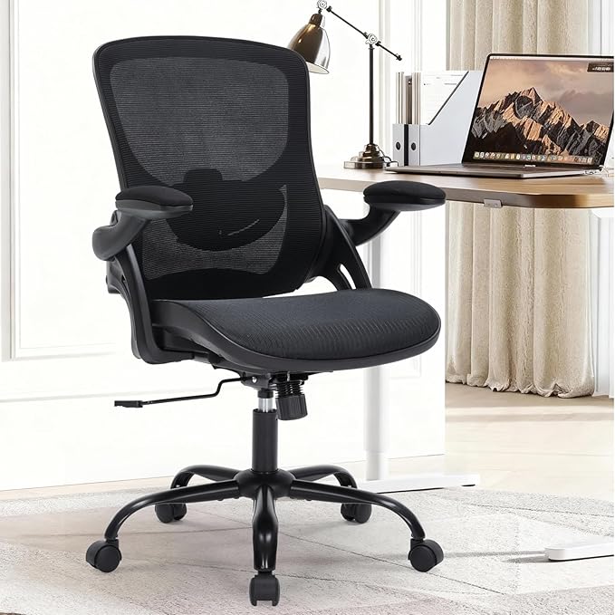 Ergonomic Office Chair with Flip-up Arms, Space Saving Mesh Desk Chair with Adjustable Lumbar Support & Headrest, Breathable Executive Computer Chair, Heavy Duty Swivel Task Chair 300LBS
