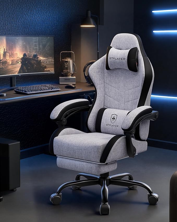 GTPLAYER Gaming Chair with Footrest, Computer Gaming Chair for Adults and Kids, Height Adjustable Gamer Chair with 90-155° Recline & Removable Headrest Lumbar Support,Linen Fabric Gray-Black