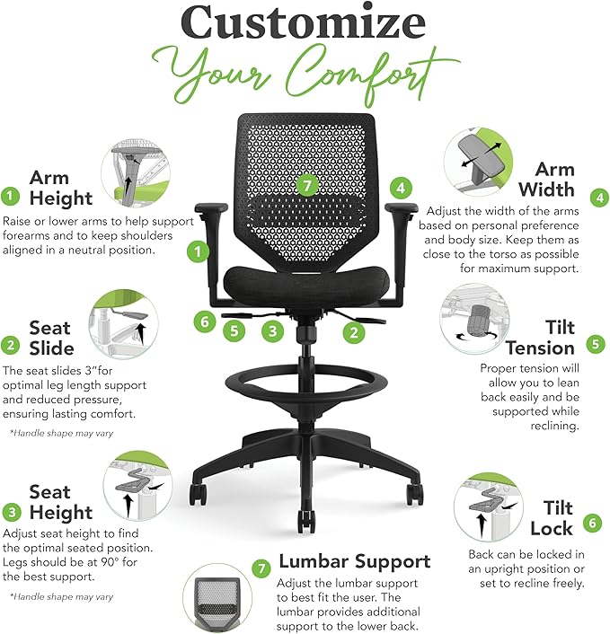 HON Solve Standing Desk Chair with Breathable ReActiv Mesh Back, Adjustable Lumbar Support and Footring, Ergonomic Task Stool with Height Adjustable Arms for Sit‑Stand Workstations, Black