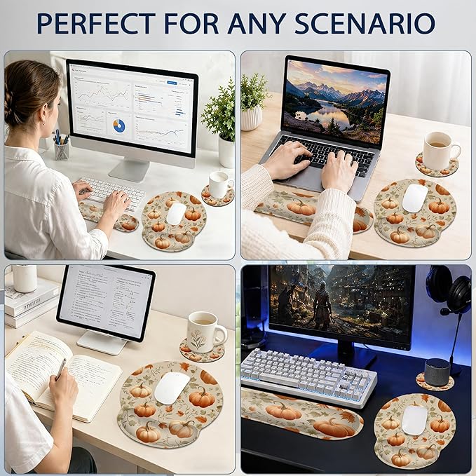 Pumpkin Wrist Rest Support for Mouse Pad Keyboard Set, Autumn Maple Leaves Mouse Pad with Non Slip Rubber Base for Home and Office Typing Support
