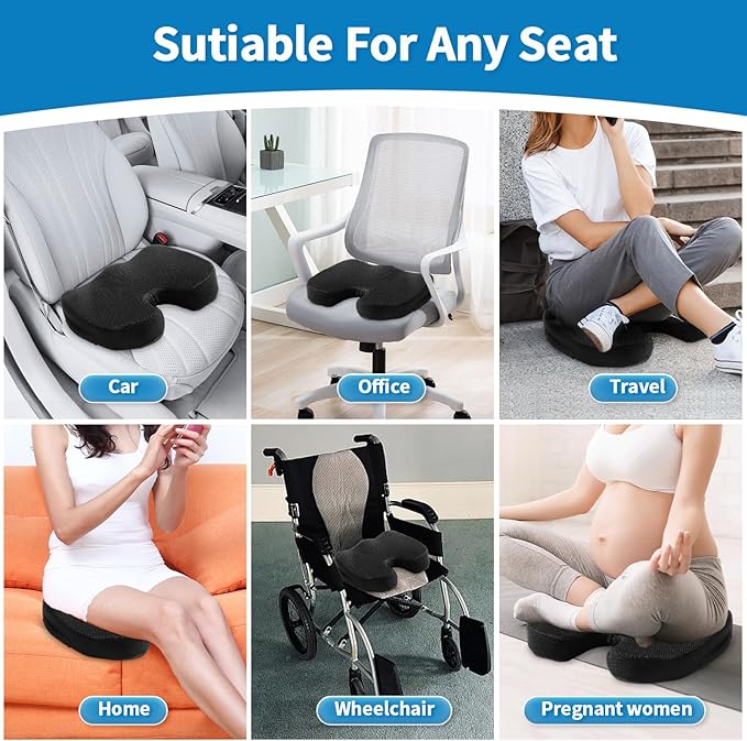 Memory Foam Car Seat Cushion, Non Slip Ergonomic Cushion for Office Chairs, Cars, Desk, Gaming & Wheelchair, Breathable Mesh Pad for Tailbone Pain Relief, Sciatica & Back Support, Black
