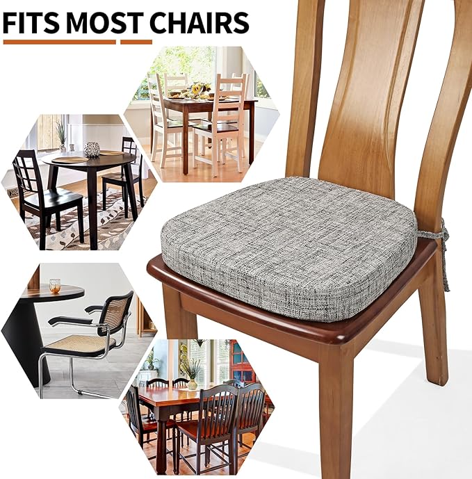 SINOSSO Thickened 2.5" Dining Chair Cushions, Soft Blended High Density Support Foam Kitchen Seat Cushions with Ties, U-Shaped Non-Slip Indoor Chair Pads, 16.5" x 16", 2 PCS, White-Gray