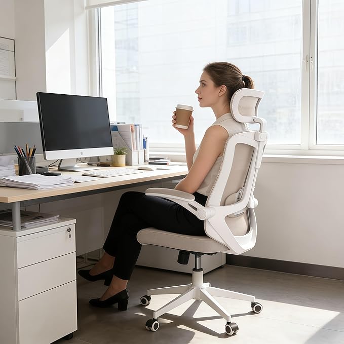 Ergonomic Office Chair - 350LB Comfy Desk Chairs with Adjustable Headrest and Lumbar Back Support, Mesh Computer Chairs with Wheels and Arms for Home Office, Study (Khaki-with Headrest)