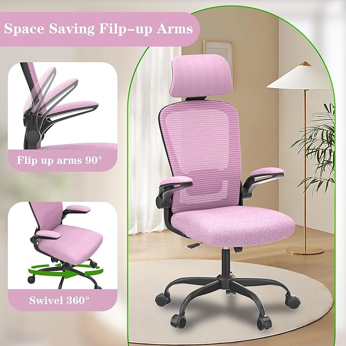 Ergonomic Office Chair for Long Hours Sitting – Back & Neck Pain Relief, Adjustable Lumbar Support & Headrest, High-Density Foam Seat, Ideal for Work & Home Office, Light Purple