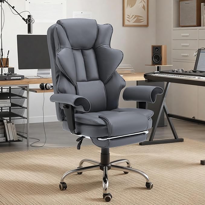 HOMREST Grey Ergonomic Office Chair with 6-Point Vibration Massage & Heat โ Reclining Executive Chair with Adjustable Footrest and Armrests, PU Leather Big and Tall Home Office Desk Chair
