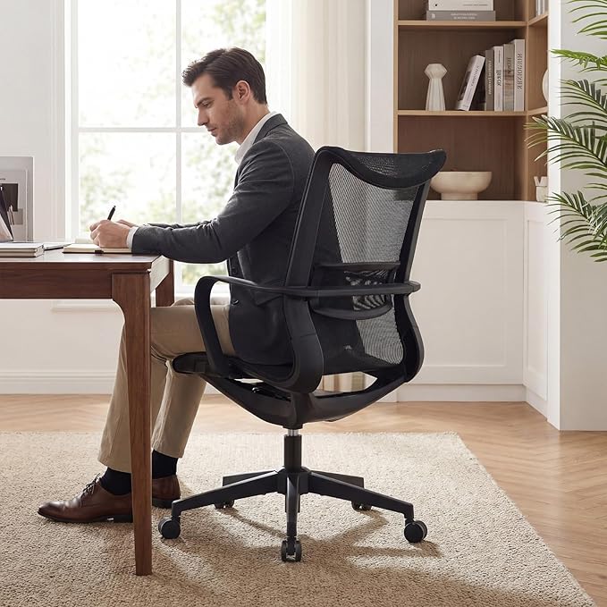 LuxErgo Ergonomic Mesh Office Chair, Mid Back Desk Chair with Lumbar Support & Armrests, Height Adjustable, 115° Recline, 360° Swivel Rolling Task Chairs for Home Office, Black