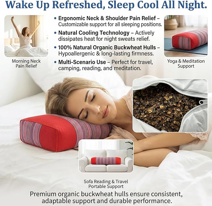 Adjustable Organic Buckwheat Pillow for Neck Pain Relief - Natural Cooling Cervical Support Bed Pillow for Side & Back Sleepers with Night Sweats (21x8x4 Red)