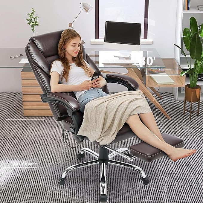 HOMREST 4-Point Massage Reclining Office Chair, Leather Heating Executive Chair, Ergonomic Home Office Desk Chair with Retractable Footrest,Computer Chair for Home Office, Study, Gaming (Brown)
