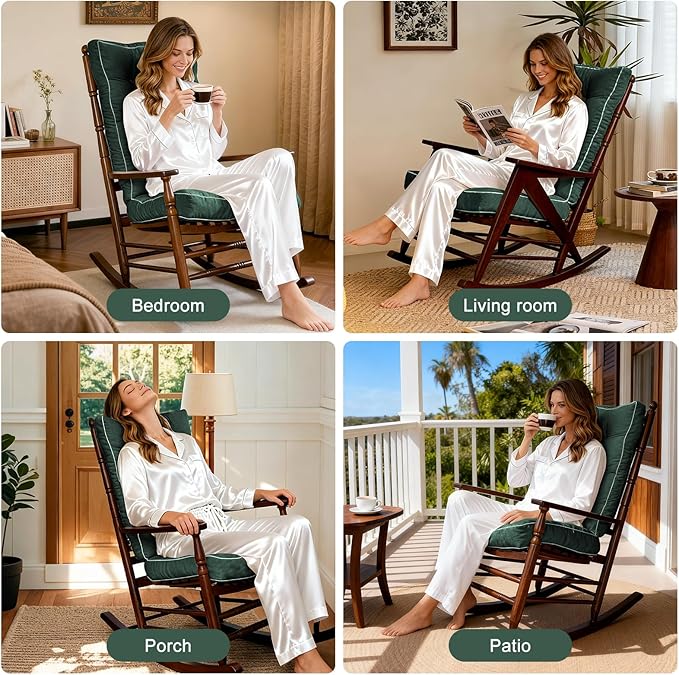 YZ HOME Rocking Chair Cushion, Set of Thicken Seat & Back Chair Cushions with Memory Foam, Non-Slip Chair Pad with Ties for for Indoor&Outdoor Rocker, Dark Green, 22x17x5/17x17x5