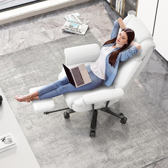 GYI 160° Reclining Office Chair with Footrest, Big and Tall High Back Home Office Chair, Leather Computer Desk Chair with Cross Legged Seat, Arms, Wheels, White