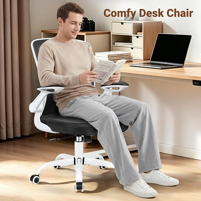 BESTFAIR Ergonomic Office Chair, Mesh Computer Chairs with Lumbar Support, Swivel Desk Chair with Flip-up Arms and Adjustable Height, White