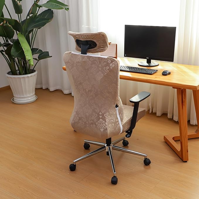 Ergonomic Office Chair Covers Set with Headrest Cover Velvet Embossing Camel Stretch Office Chair Cover with Headrest Washable-Velvet Embossing Camel