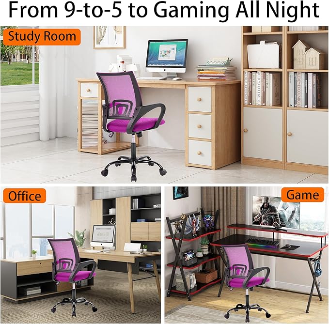 Ergonomic Desk Chair for Back Pain Relief - Supportive Mesh Back with Adjustable Height & Tilt Function, Metal Base, Pink