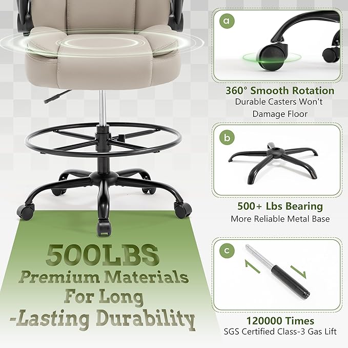 500LBS Drafting Chair, High Back Safer Standing Desk Chair, Executive Tall Office Chair with Flip-up Armrests, Upholstered PU Leather Task Chair, Ergonomic Seat with Adjustable Height&Foot Ring,Beige