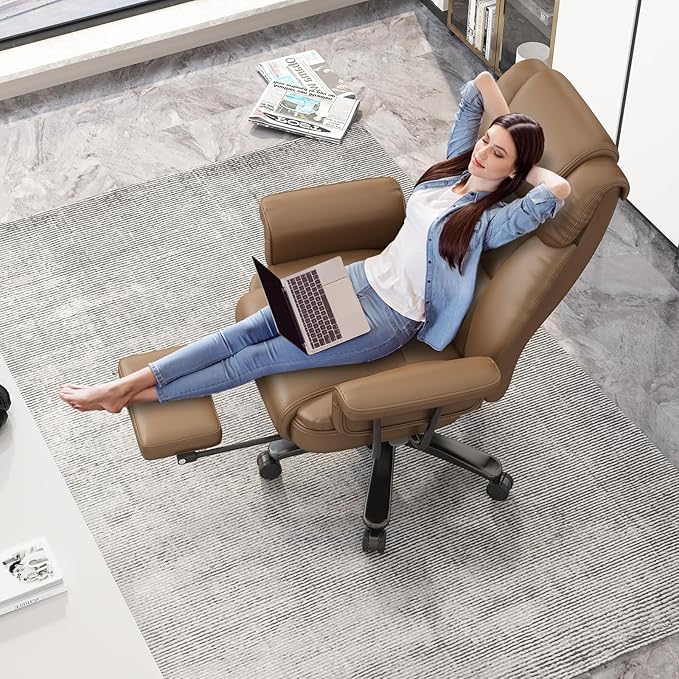 GYI 160° Reclining Office Chair with Footrest, Big and Tall High Back Home Office Chair, Leather Computer Desk Chair with Cross Legged Seat, Arms, Wheels, Brown