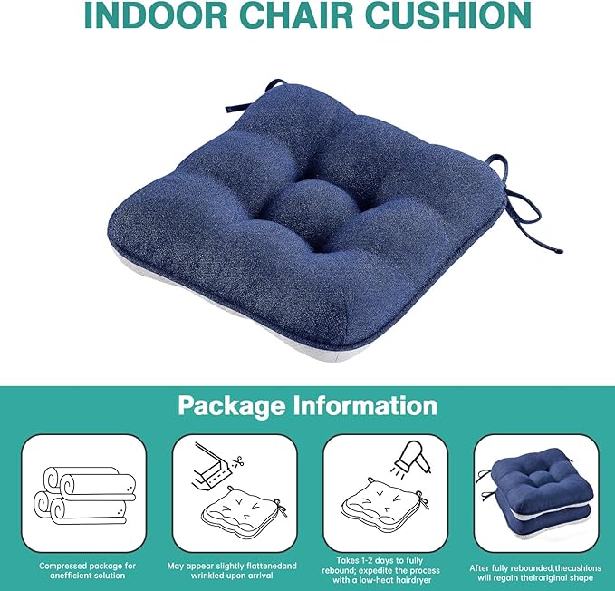 BETU Chair Cushions for Dining Chairs Set of 2,3.5" Thick Outdoor Indoor Chair Pads with Ties,Non Slip Backing and Covers, Seat Cushion for Kitchen Dining,Bar,Patio Furniture15.5"X15.5"X3.5",Navy Blue